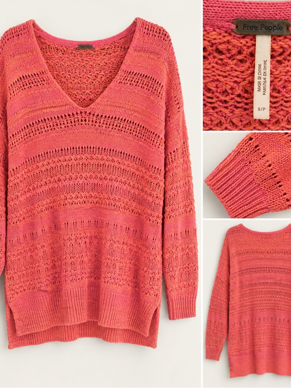 Free People Coral-Peach Open-Knit V-Neck Sweater